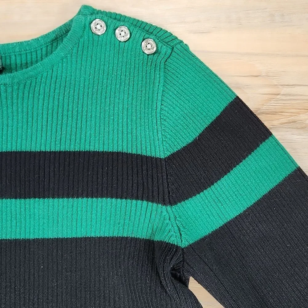 🔺️Ralph Lauren Green & Black Colorblock Gold Buttoned Shoulder Sweater Small